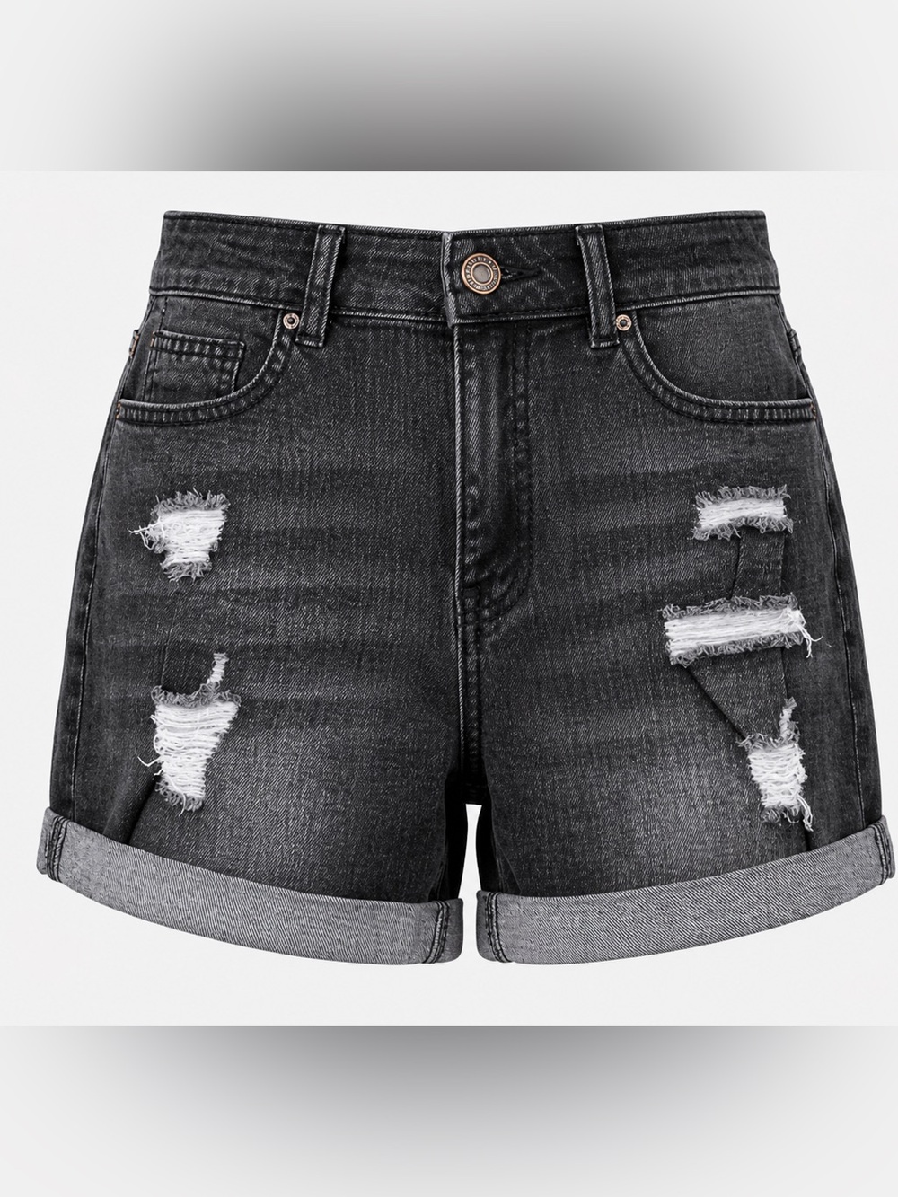 Black Distressed Denim Rolled-Hem Shorts